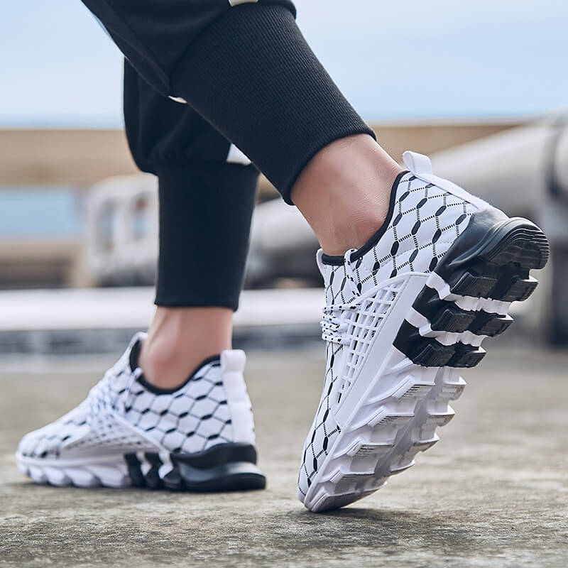 SF0762 Male Mesh Running Shoes with gingham pattern, breathable material, and EVA sole on a casual walk outdoors.